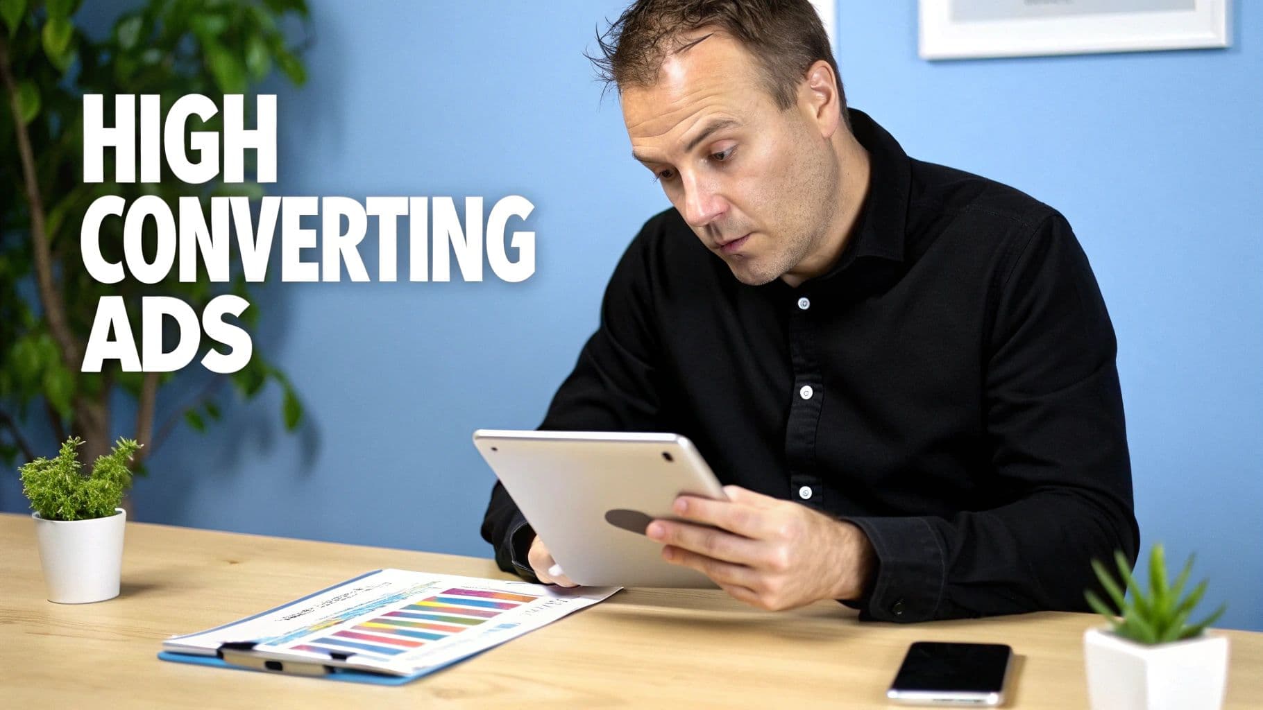 A man in a black shirt deeply focused on a tablet, with charts and graphs on a wooden desk.