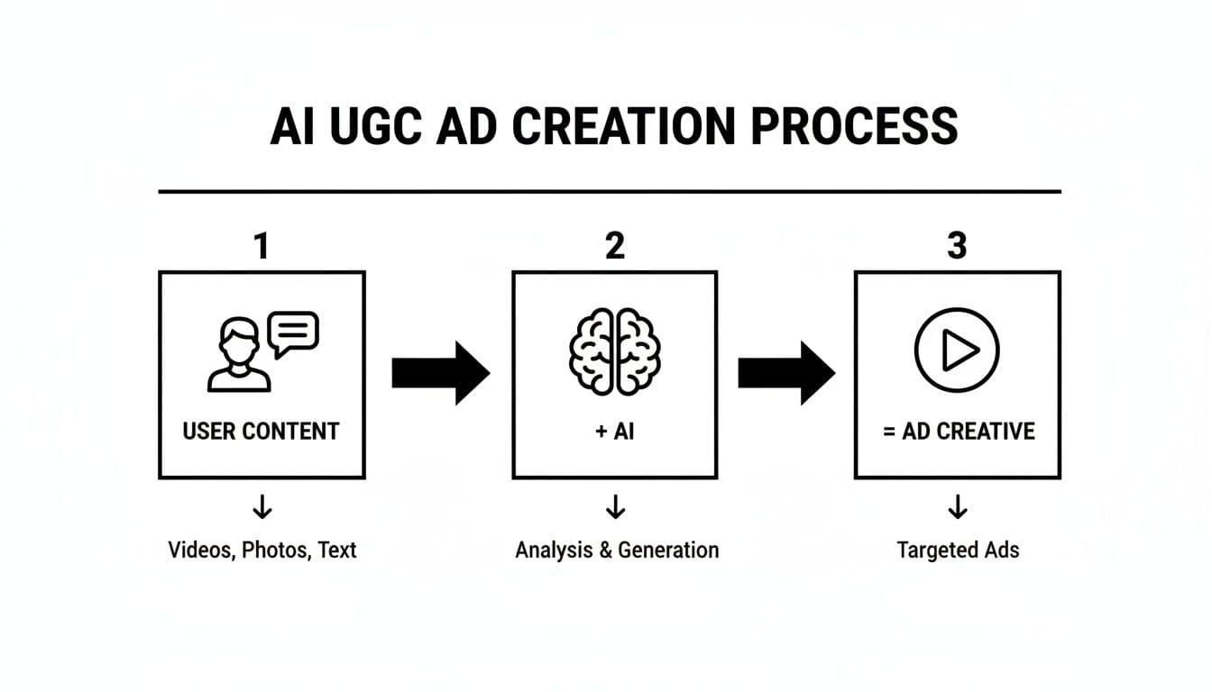 Flowchart showing AI UGC ad creation, involving user content, AI analysis, and final ad creatives.
