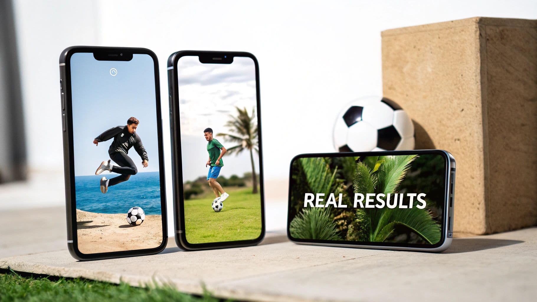 Three smartphones display soccer players in action and 'REAL RESULTS' text, with a soccer ball.