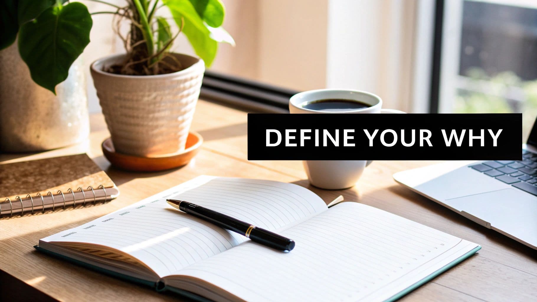 A bright workspace with an open notebook, pen, coffee, laptop, and plants, featuring text 'DEFINE YOUR WHY'.