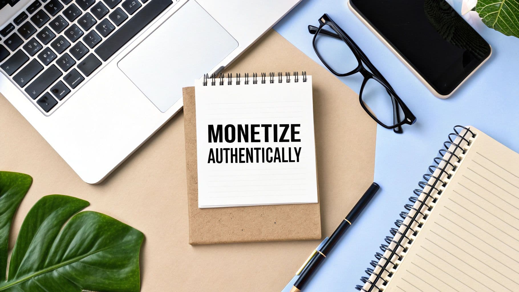 A flat lay of a professional workspace with a laptop, notebooks, and a phone, featuring the text 'MONETIZE AUTHENTICALLY'.