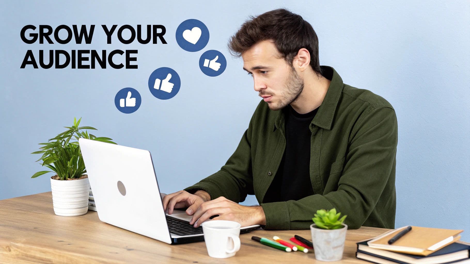 A man works on his laptop, surrounded by social media icons and the text 'GROW YOUR AUDIENCE'.