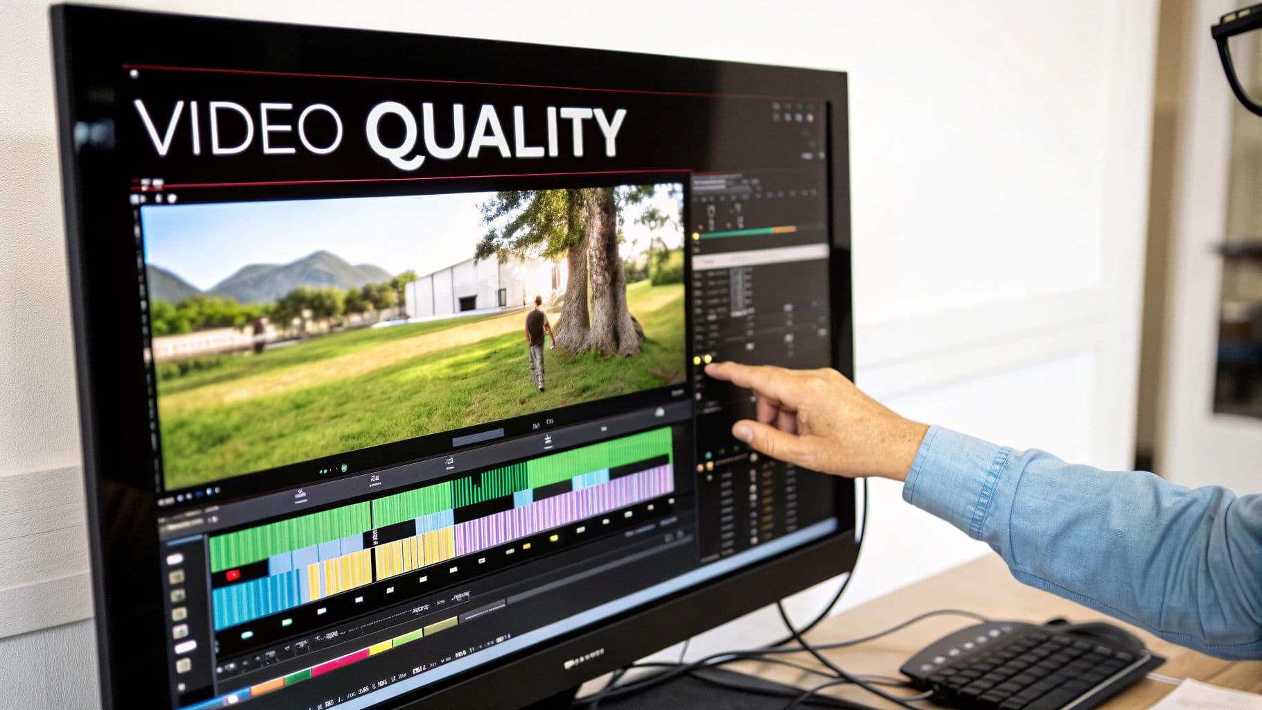 A split-screen view showing a high-resolution, photorealistic AI-generated video on one side and a creator's editing interface on the other, symbolizing quality and control.