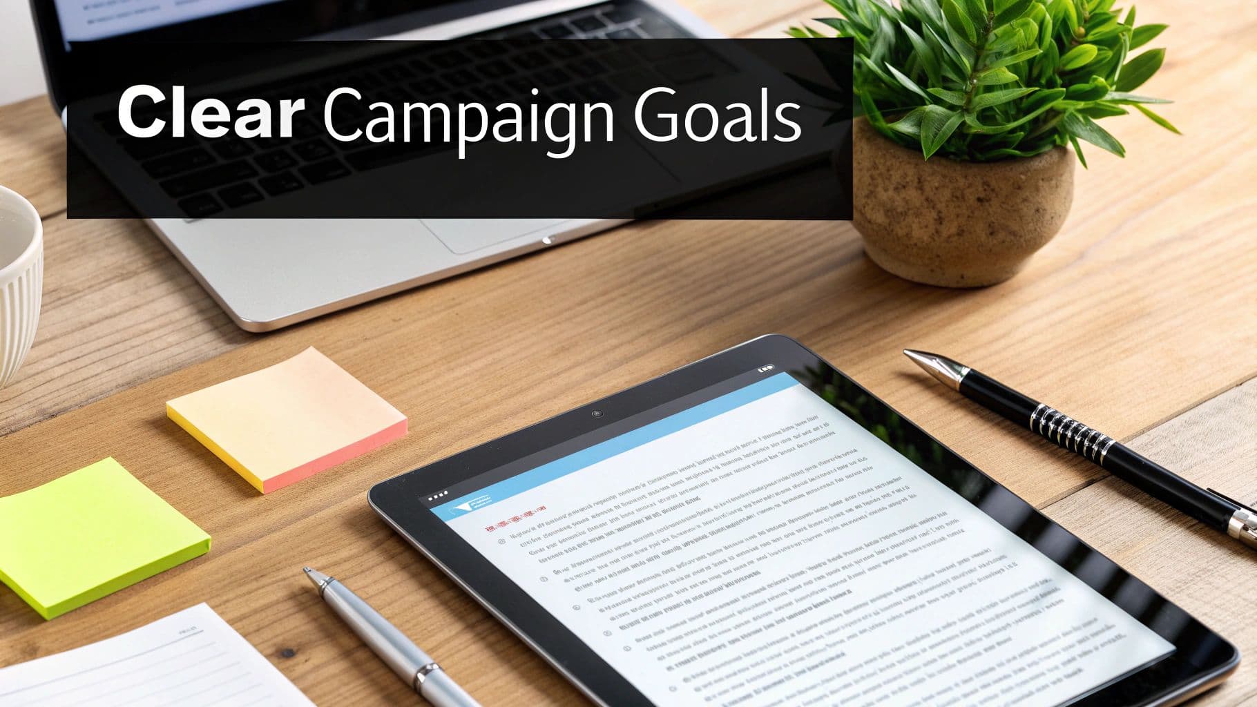 A wooden desk with a laptop, tablet, pens, and sticky notes, displaying 'Clear Campaign Goals' text.