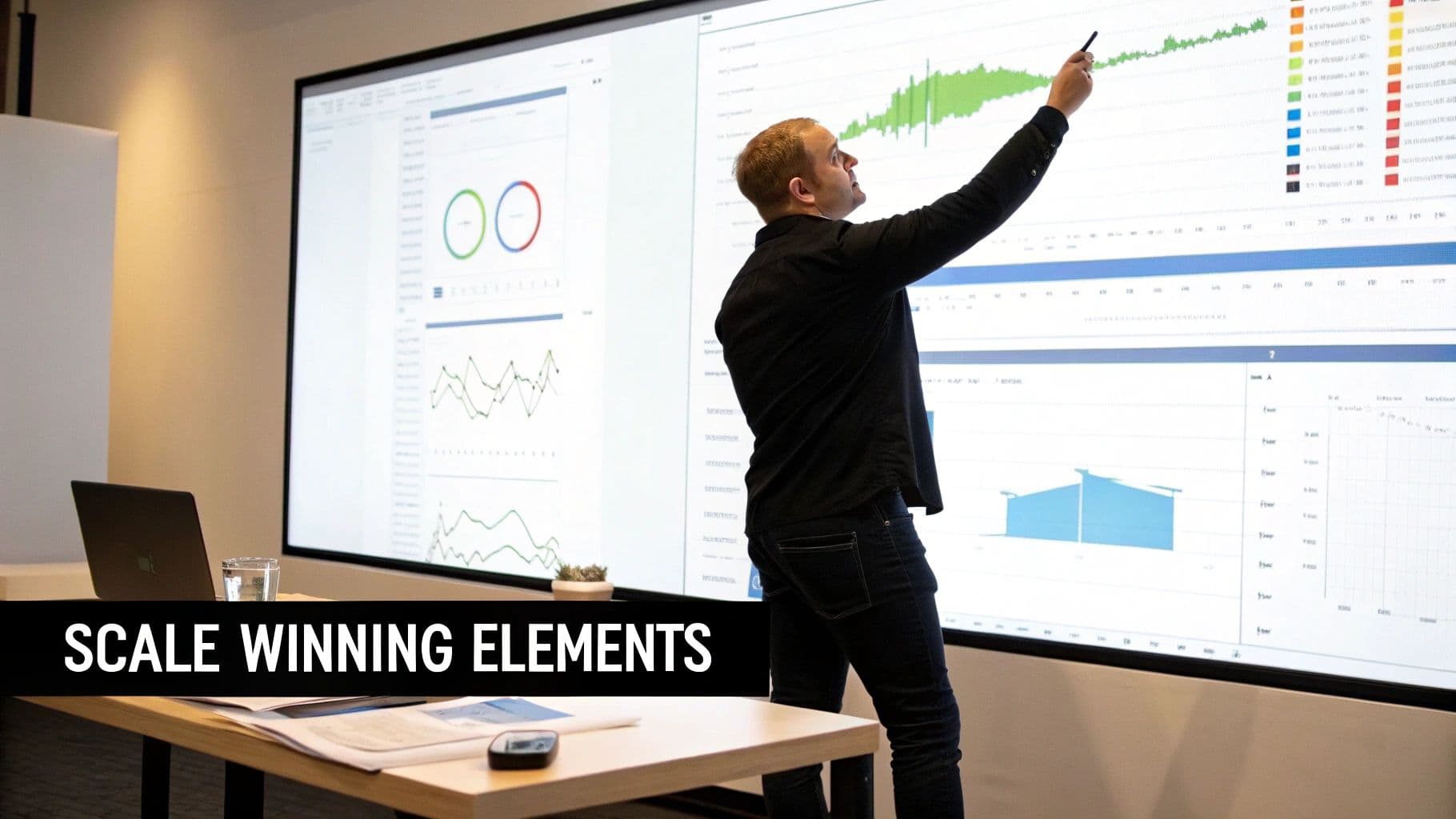 Man presenting data on a large screen with charts and graphs, pointing to an upward trend.