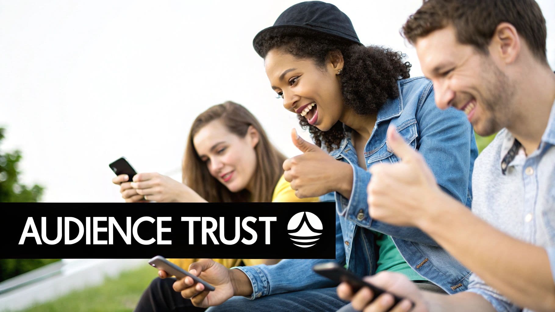 Three diverse young adults smiling, giving thumbs up while looking at their phones, with 'AUDIENCE TRUST' text.