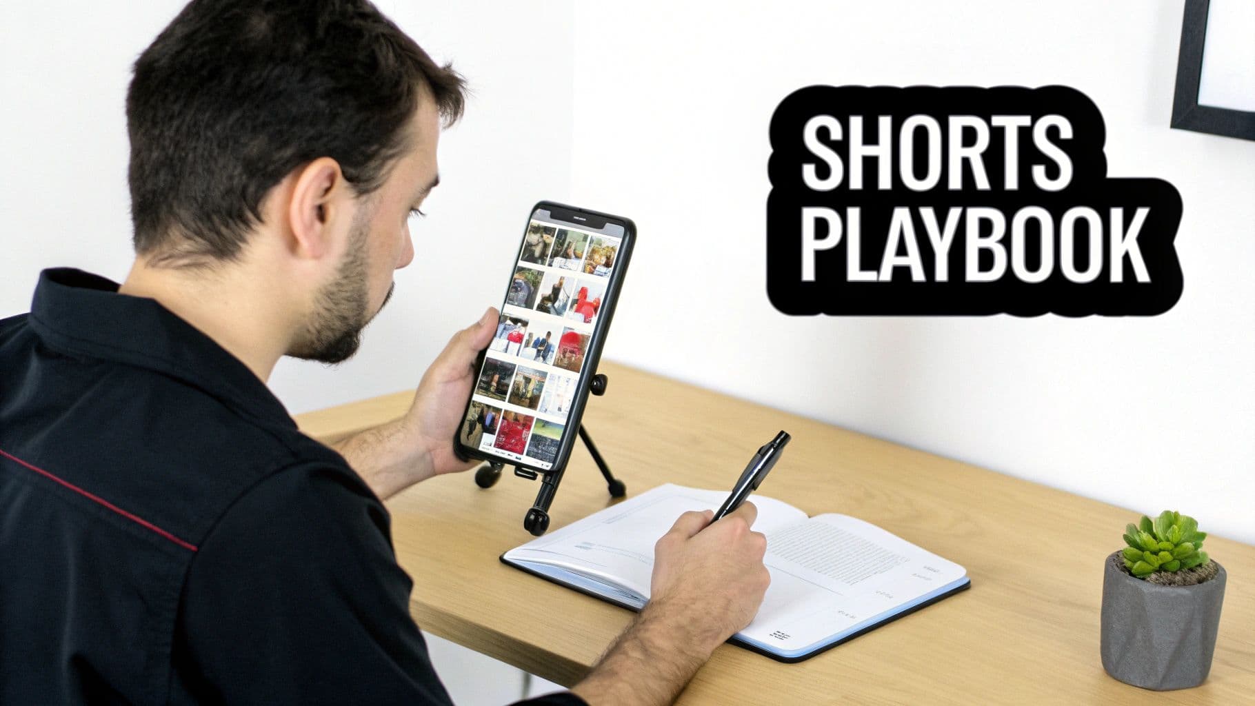 A man studies his phone on a stand while taking notes, with a 'Shorts Playbook' sign.