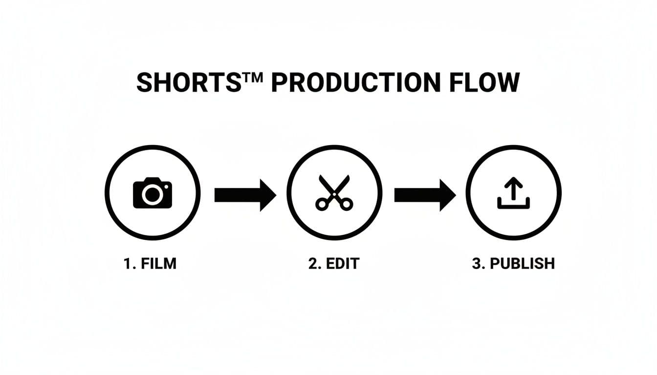 A three-step production flow for YouTube Shorts: Film, Edit, Publish, represented by icons and text.