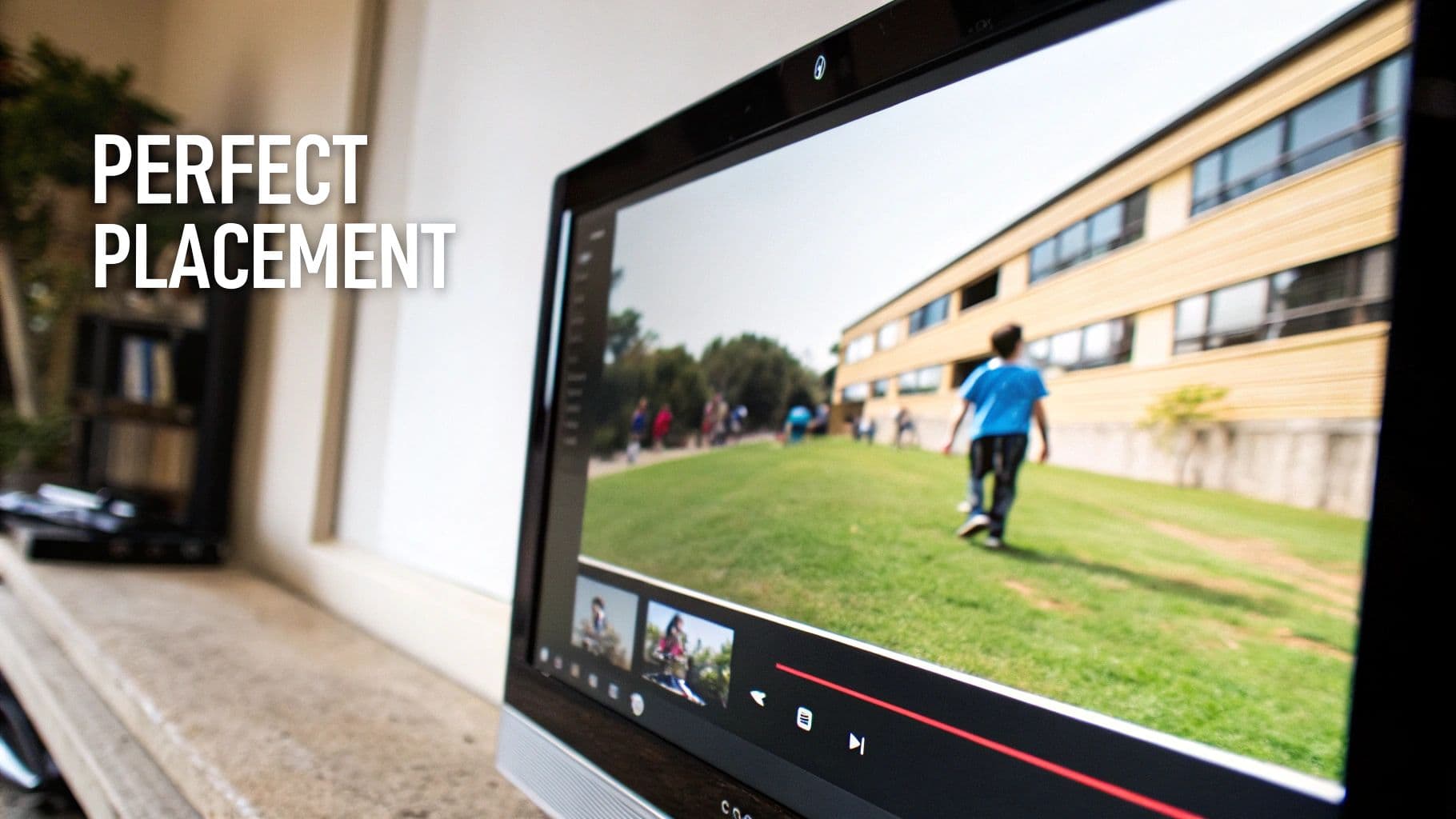 A laptop screen displays a video of a child walking on a grassy field, with 'PERFECT PLACEMENT' text.