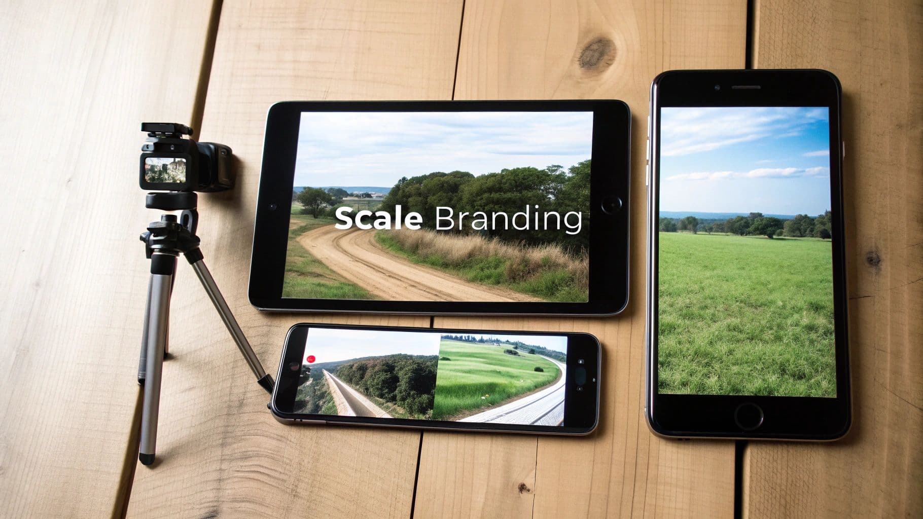 A flat lay of a camera on a tripod, tablet, and smartphones displaying landscape videos.