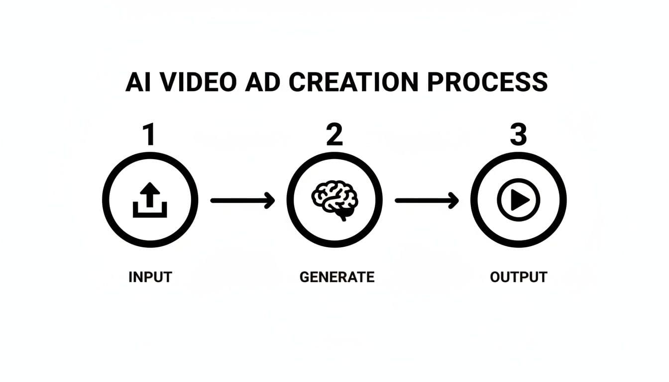 Flowchart showing the AI video ad creation process with input, generate, and output steps.