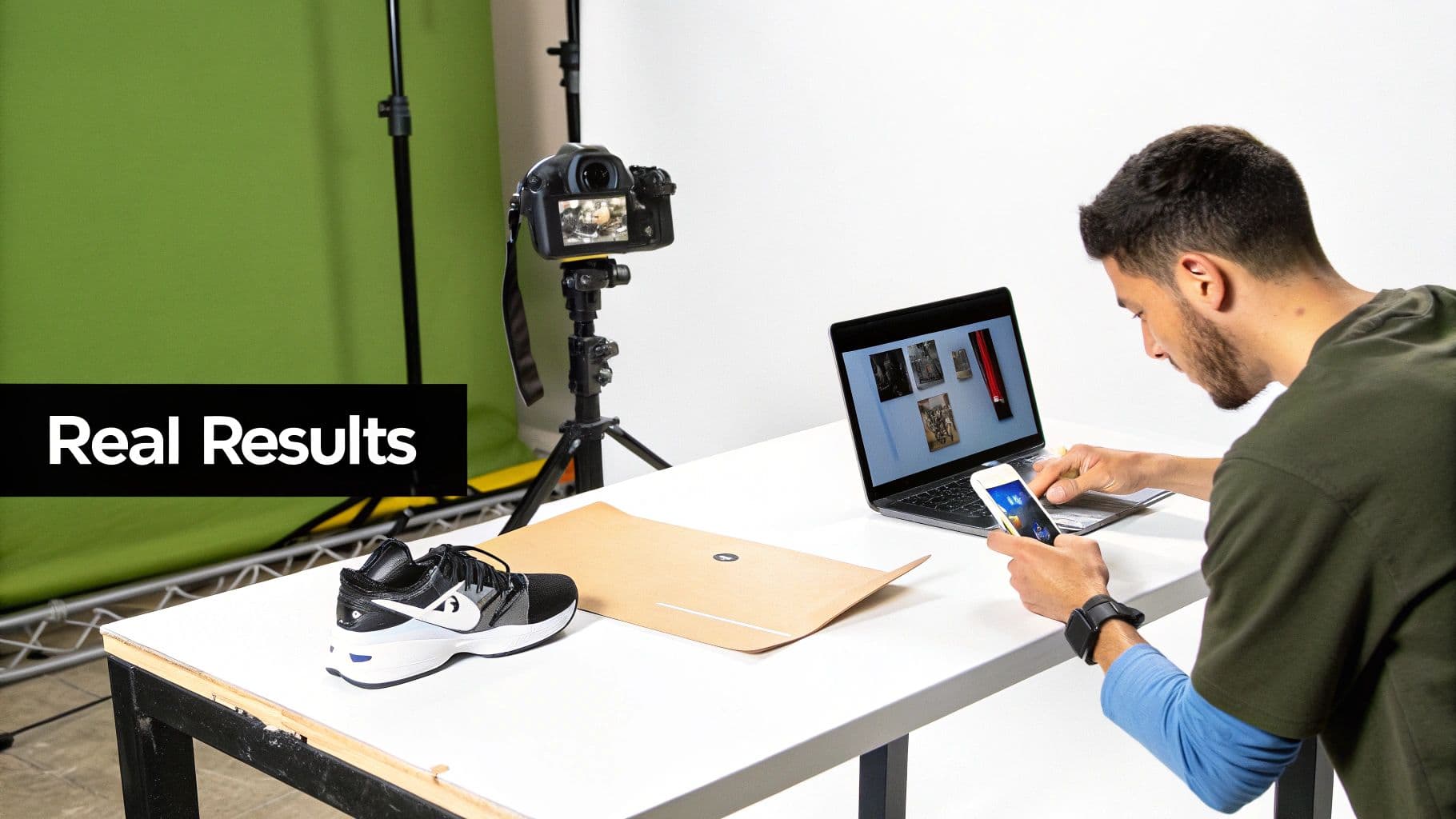 A man reviews content on his smartphone and laptop in a creative studio setting with a sneaker.
