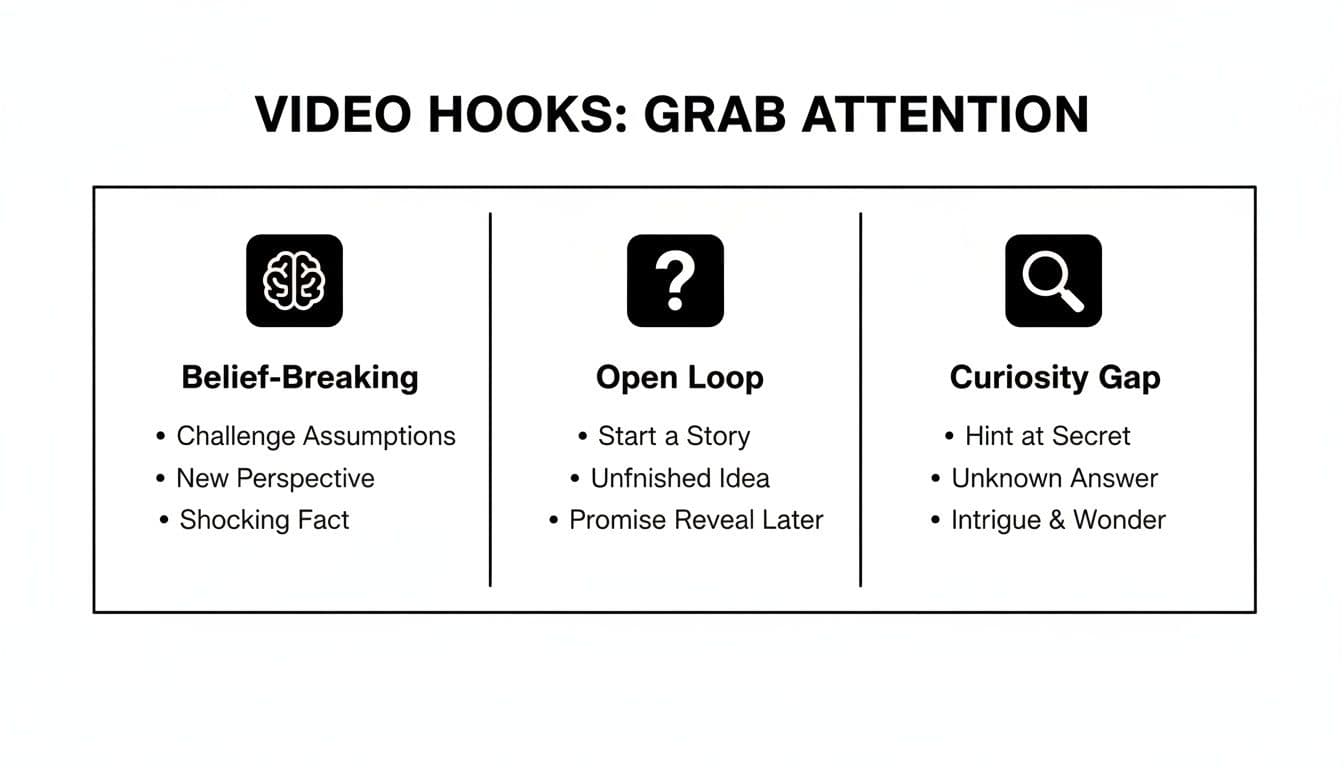 A graphic outlining three types of video hooks: Belief-Breaking, Open Loop, and Curiosity Gap, to grab audience attention.