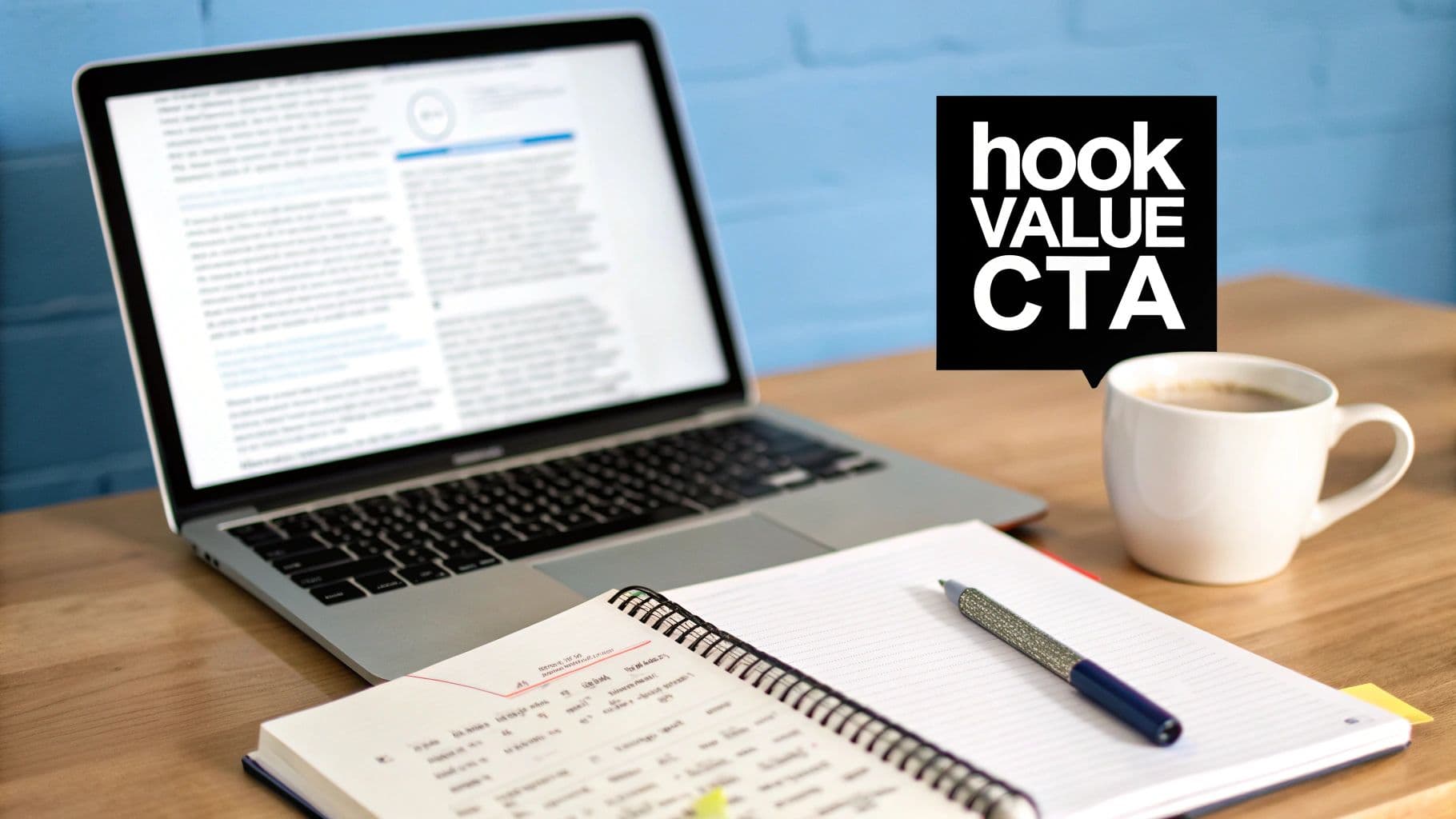 A laptop, notebook, and coffee mug on a desk, with a 'hook VALUE CTA' graphic.