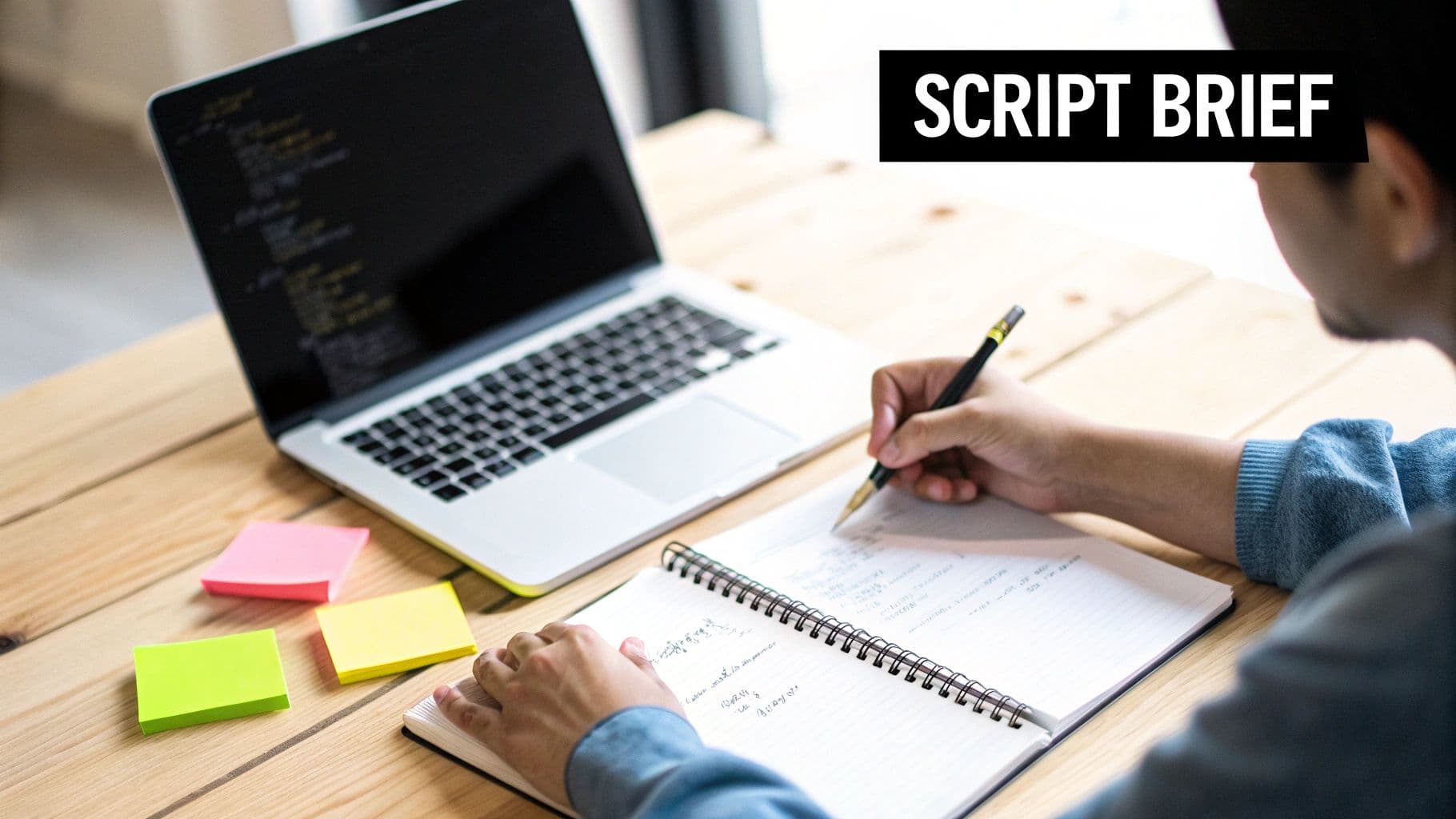 A person takes notes in a spiral notebook at a wooden desk with a laptop.