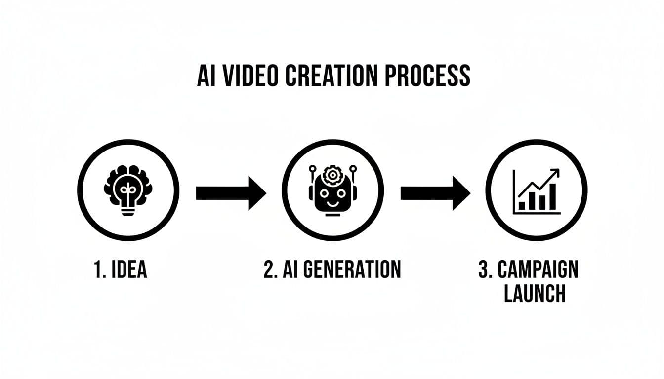 A flowchart illustrating the three-step AI video creation process from idea to campaign launch.