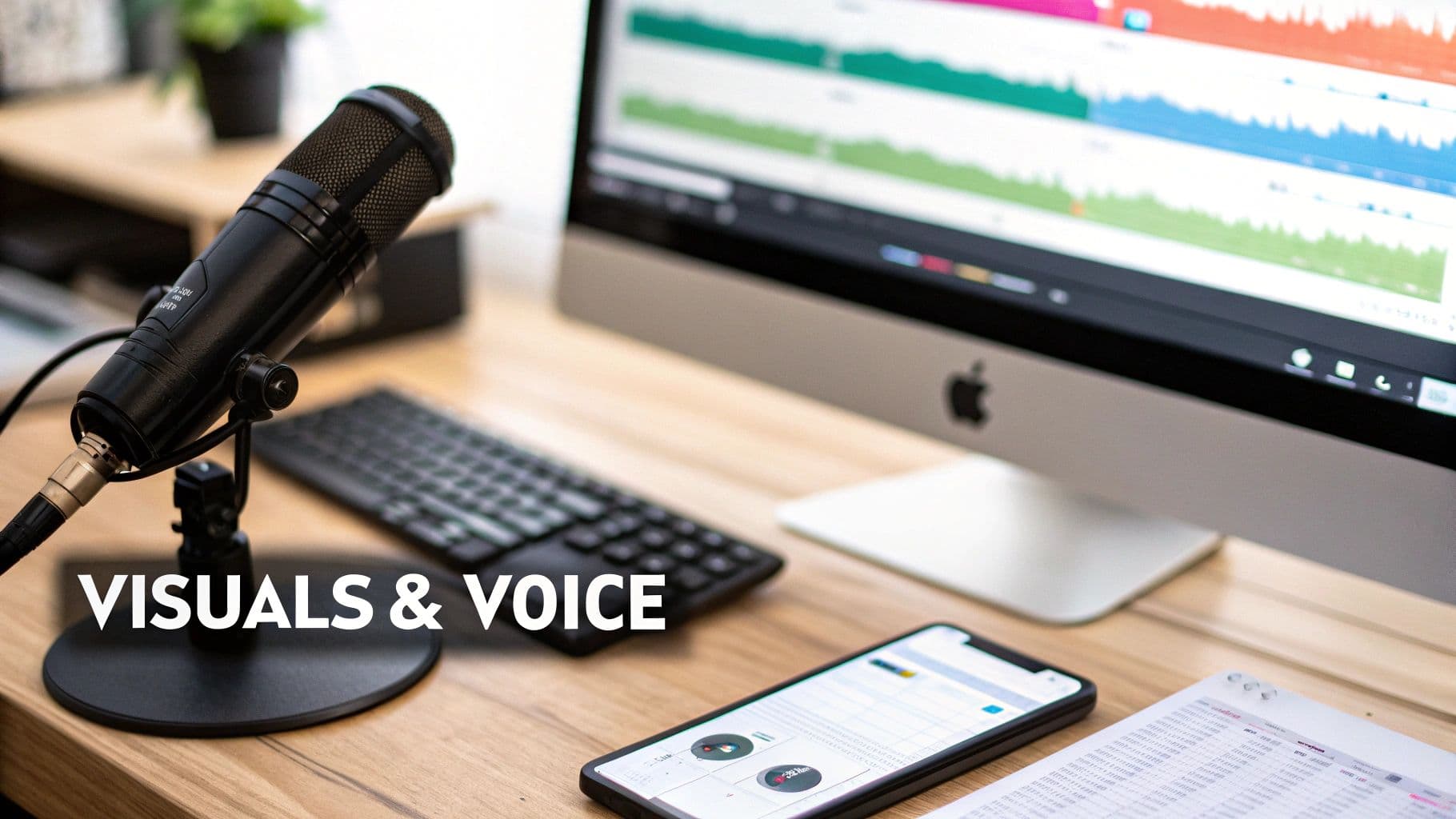 A recording studio desk with a microphone, computer showing audio waveforms, and a smartphone.