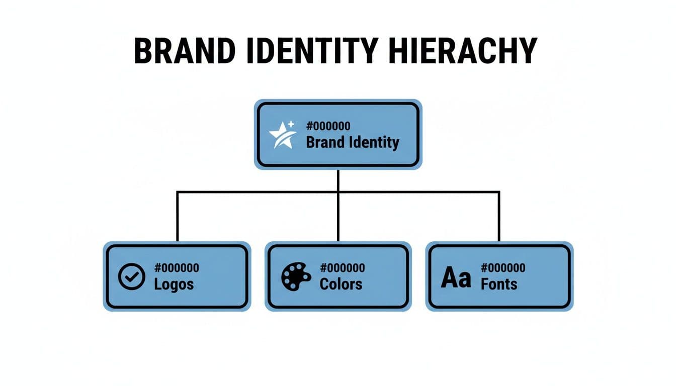 Hierarchy diagram illustrating brand identity broken down into logos, colors, and fonts elements.