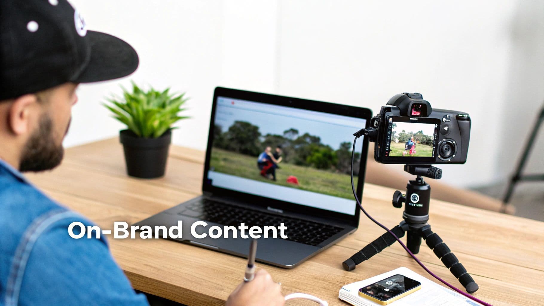 A person views video content on a laptop and camera setup, creating on-brand digital content.