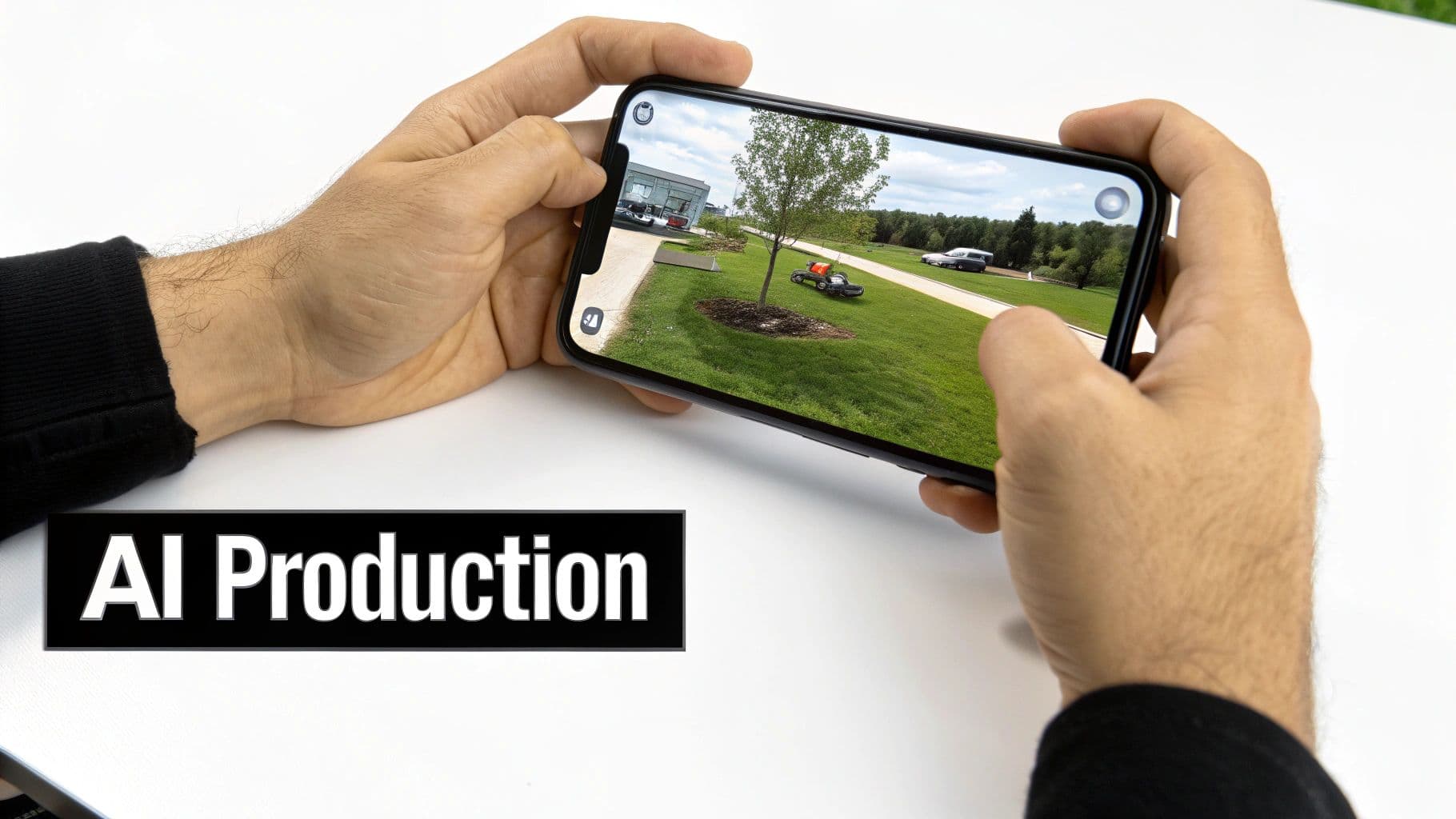 Person holding a smartphone displaying a video of a lawn and building, with 'AI Production' text.