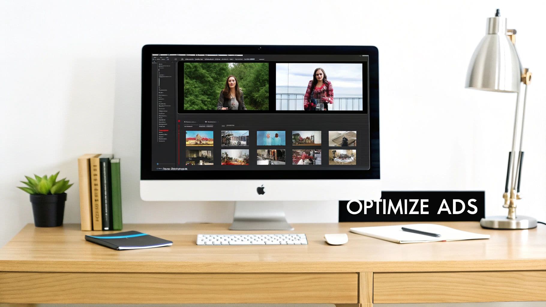 A clean office desk with an iMac displaying video editing software, keyboard, mouse, books, and a lamp. Text 'OPTIMIZE ADS' is visible.