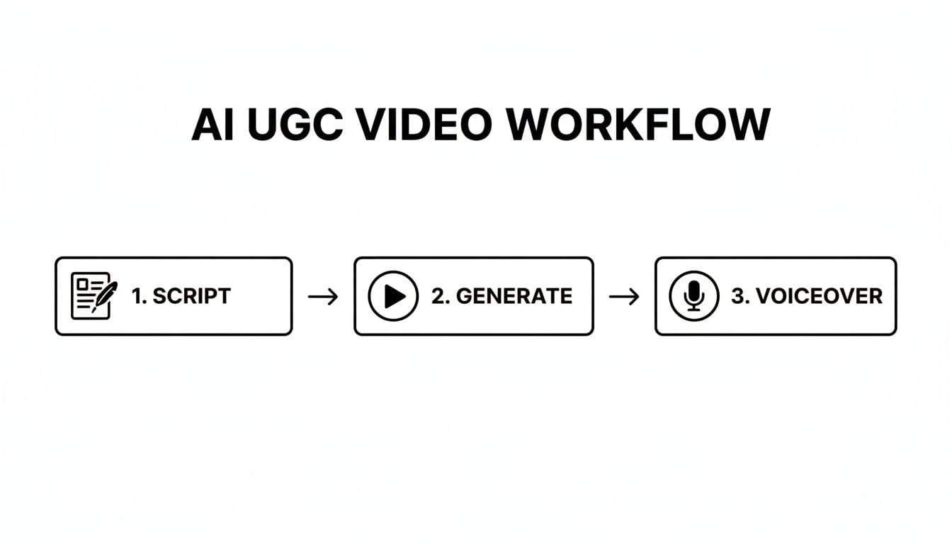 A three-step AI UGC video creation workflow diagram showing script, generate, and voiceover stages.