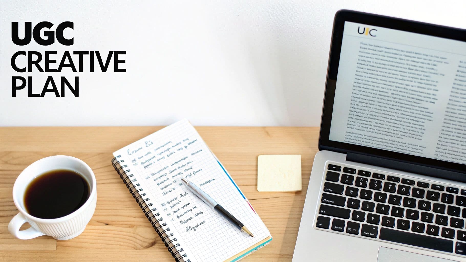 A workspace with a laptop, coffee, notebook, and pen, illustrating a UGC creative plan.