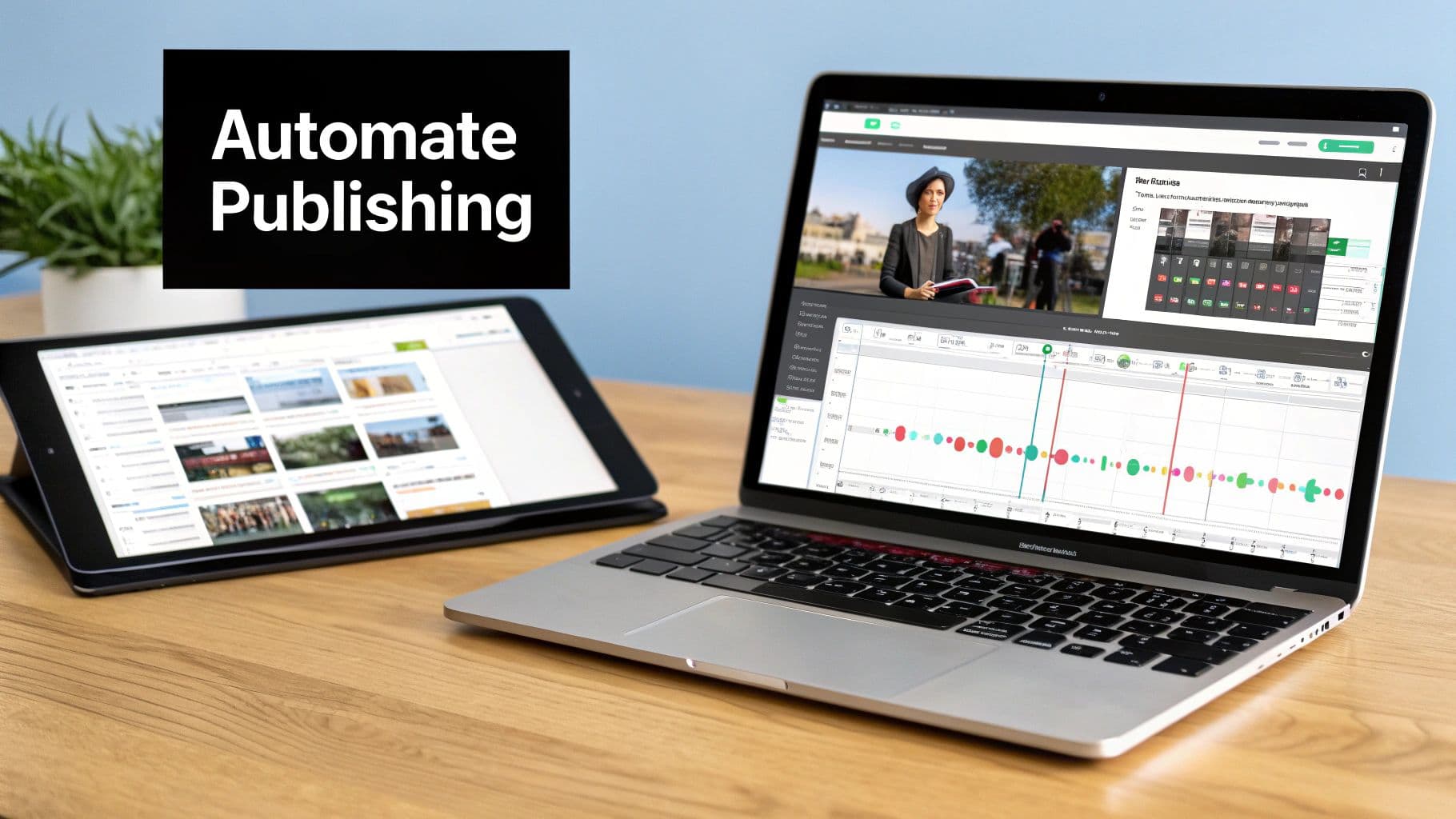 Laptop and tablet on a wooden desk displaying content creation software and 'Automate Publishing' text.