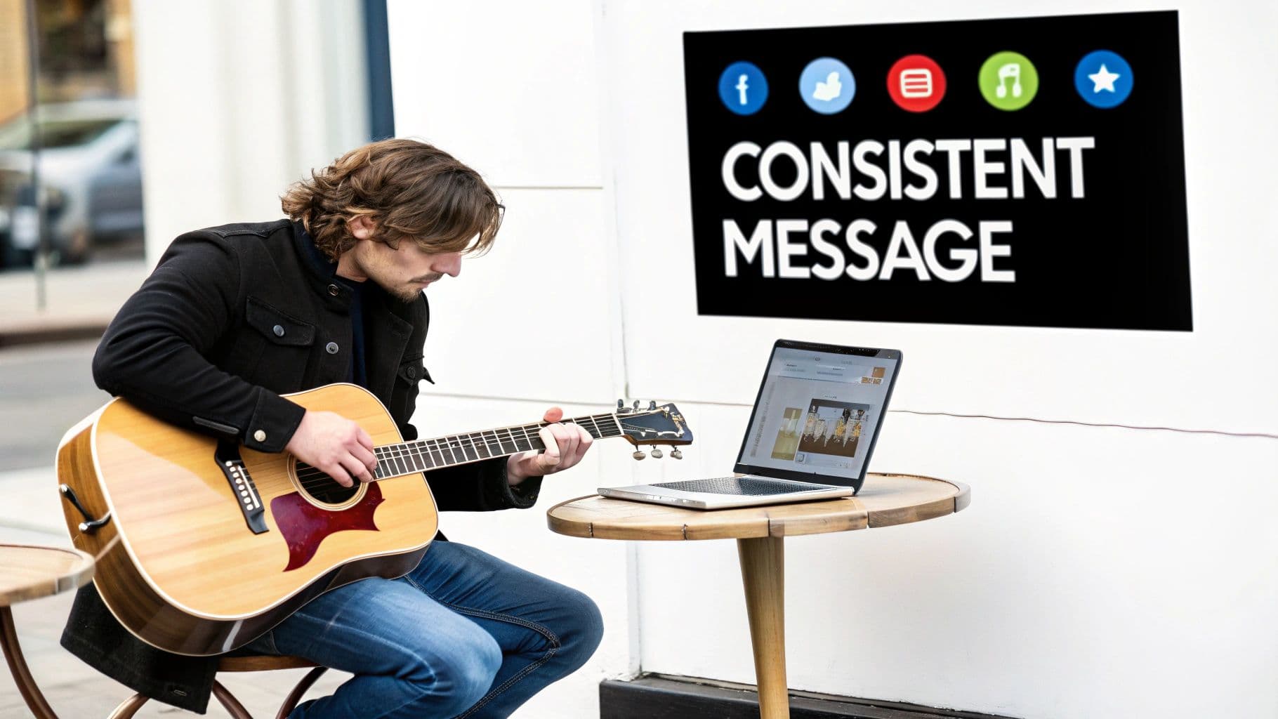 A musician plays acoustic guitar outdoors next to a laptop and a sign displaying "CONSISTENT MESSAGE".