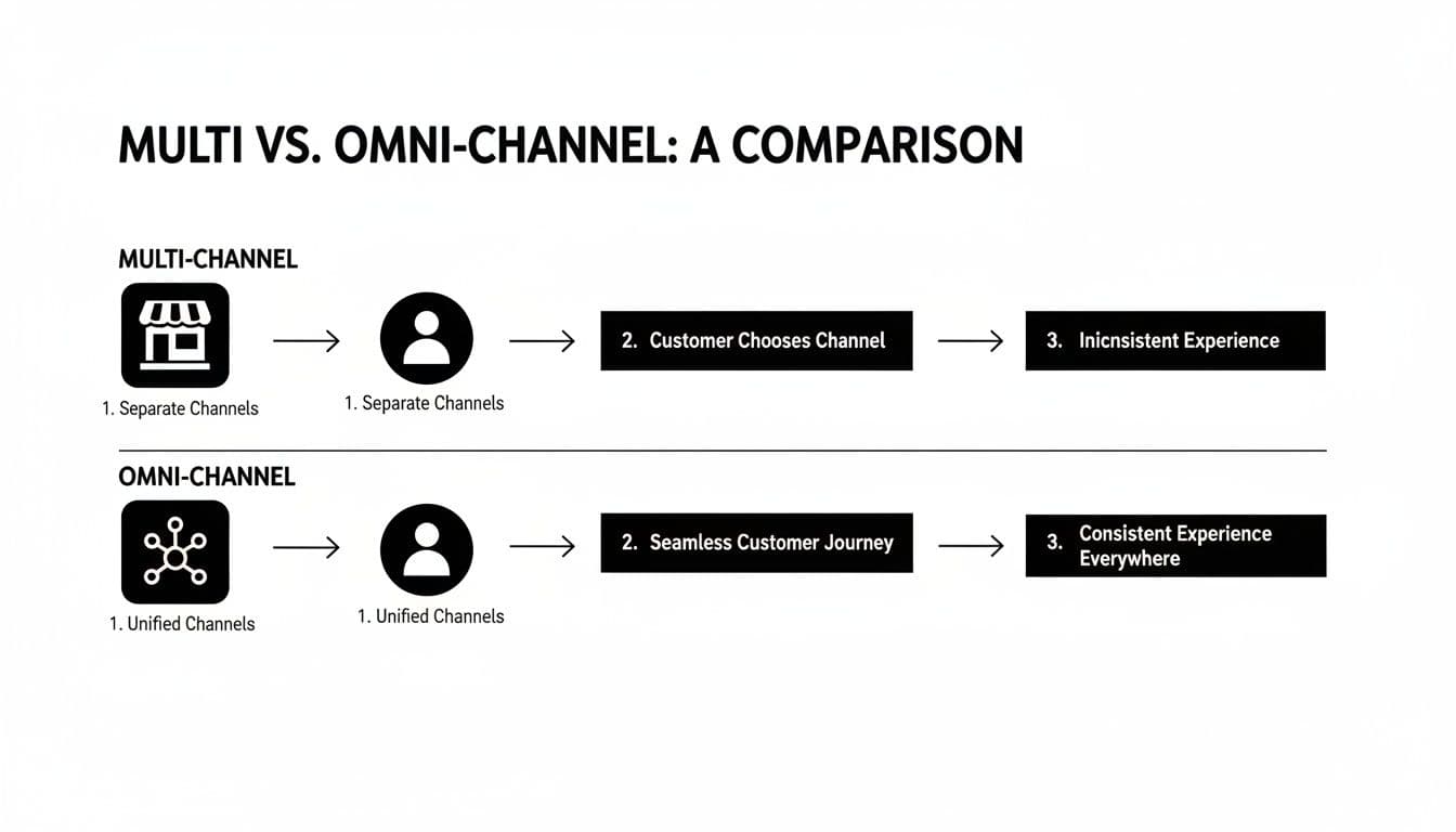 Diagram comparing multi-channel and omni-channel strategies, showing customer experience differences.