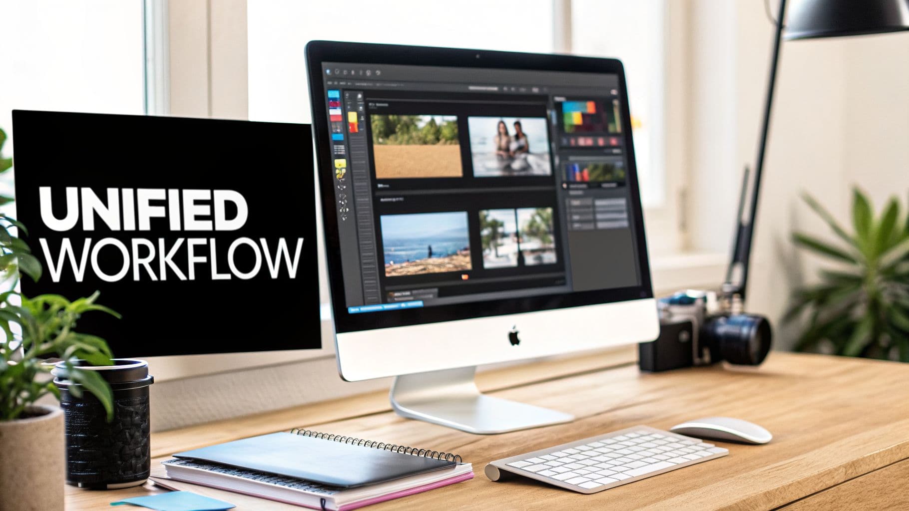 A modern creative workspace featuring an iMac displaying media assets and a screen showing 'UNIFIED WORKFLOW'.
