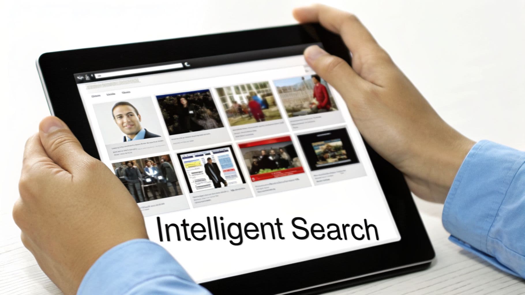 Hands hold a tablet displaying an 'Intelligent Search' screen with various image results.