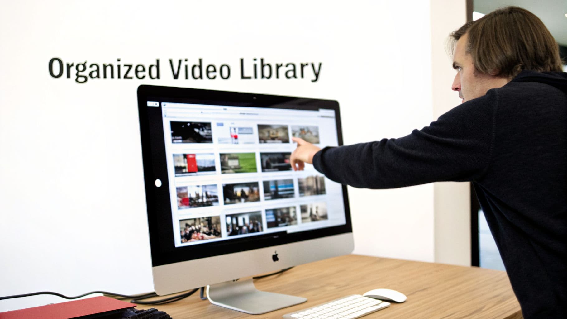 A person points at an iMac screen displaying a grid of video thumbnails in an organized video library.