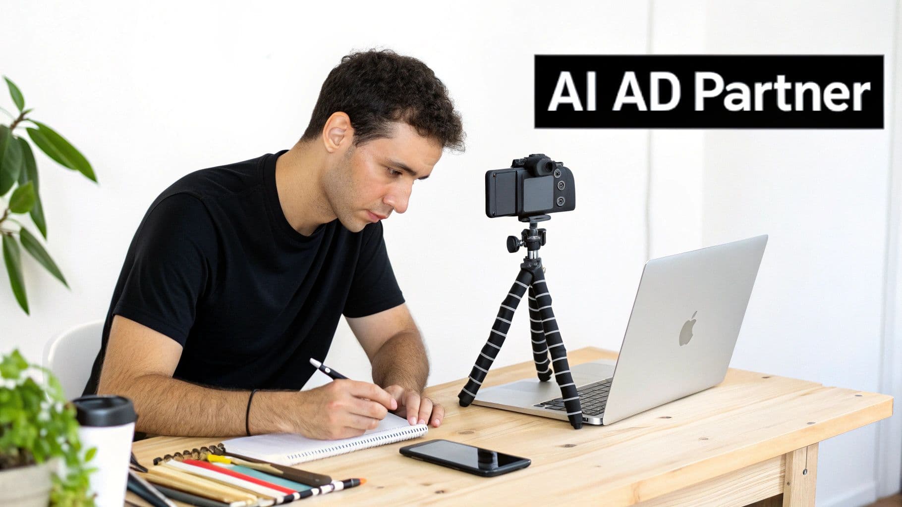 A man writes at a desk with a camera, laptop, phone, and 'AI AD Partner' text.