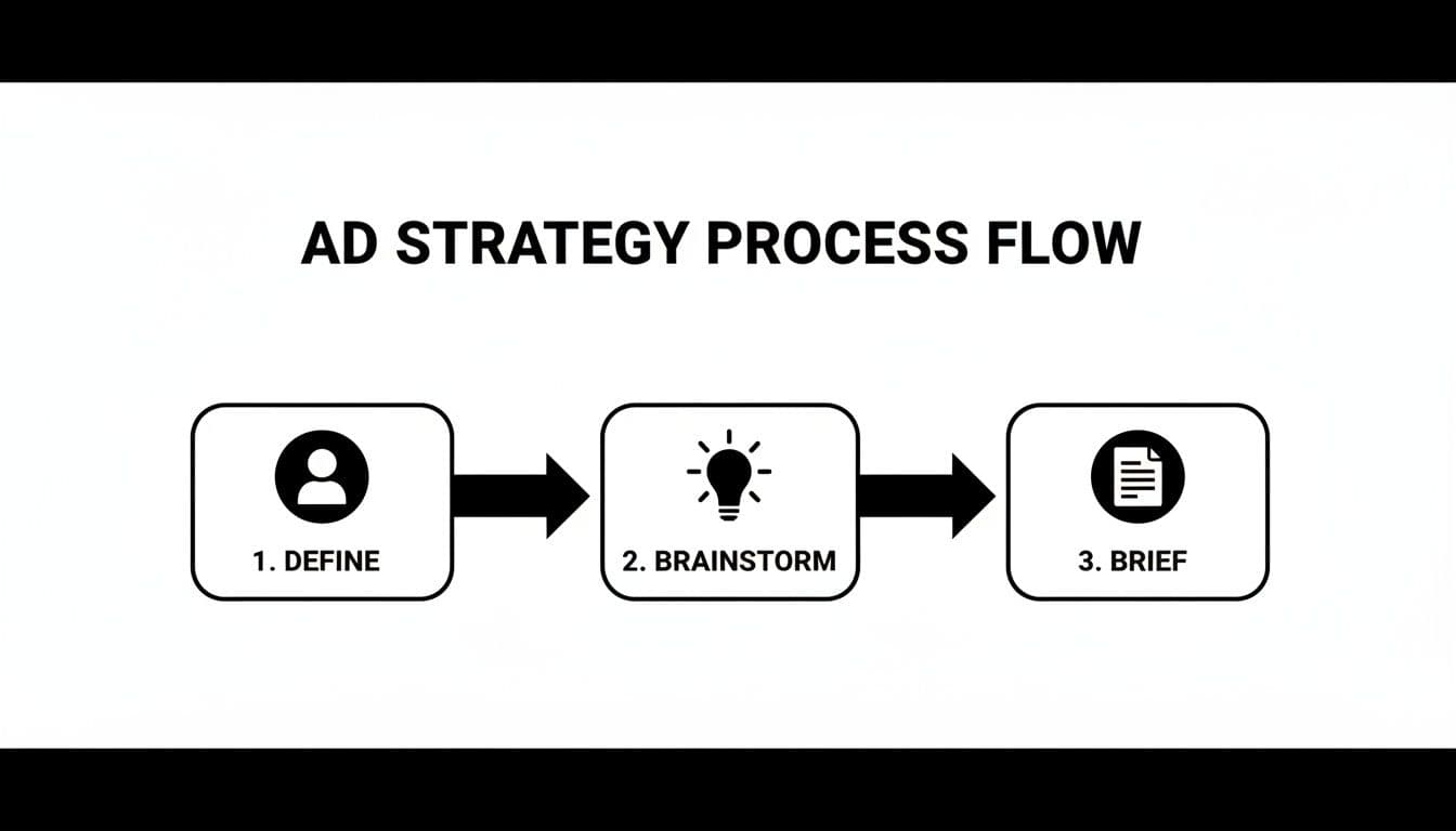 A flowchart illustrates an ad strategy process with steps: 1. Define (person icon), 2. Brainstorm (lightbulb icon), 3. Brief (document icon).