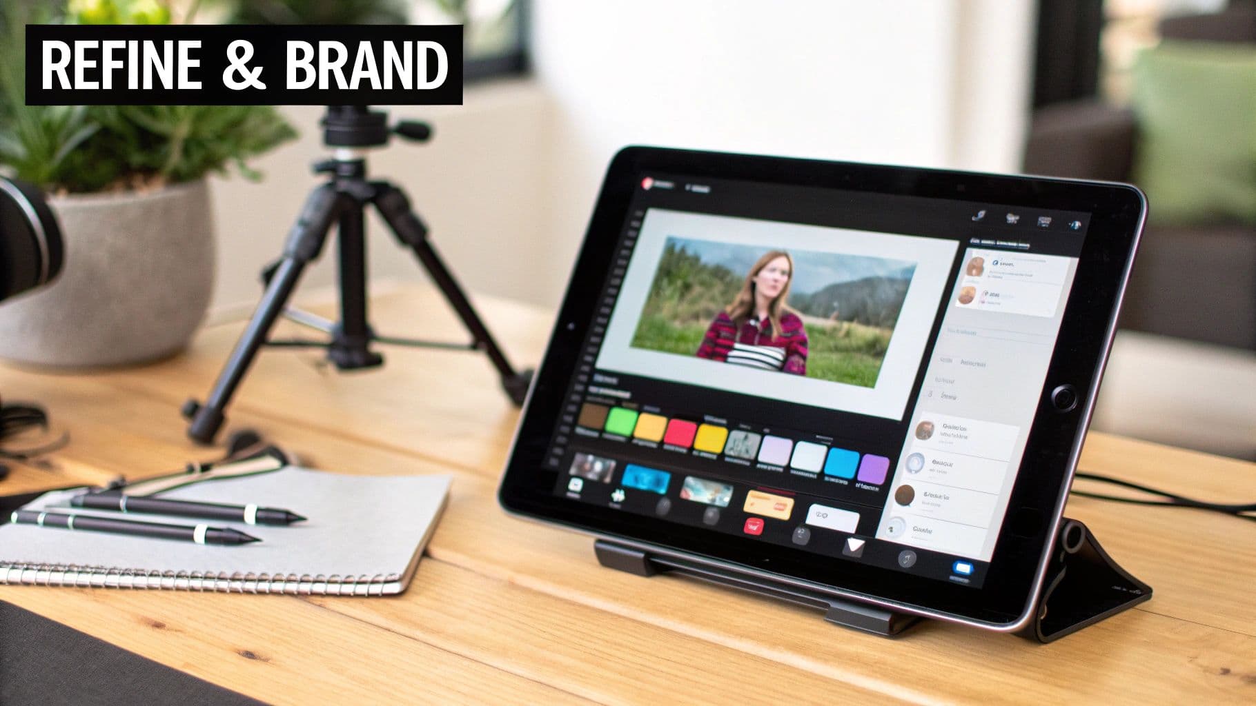 A woman at a desk editing a video on a laptop, with color swatches and branding elements around her.