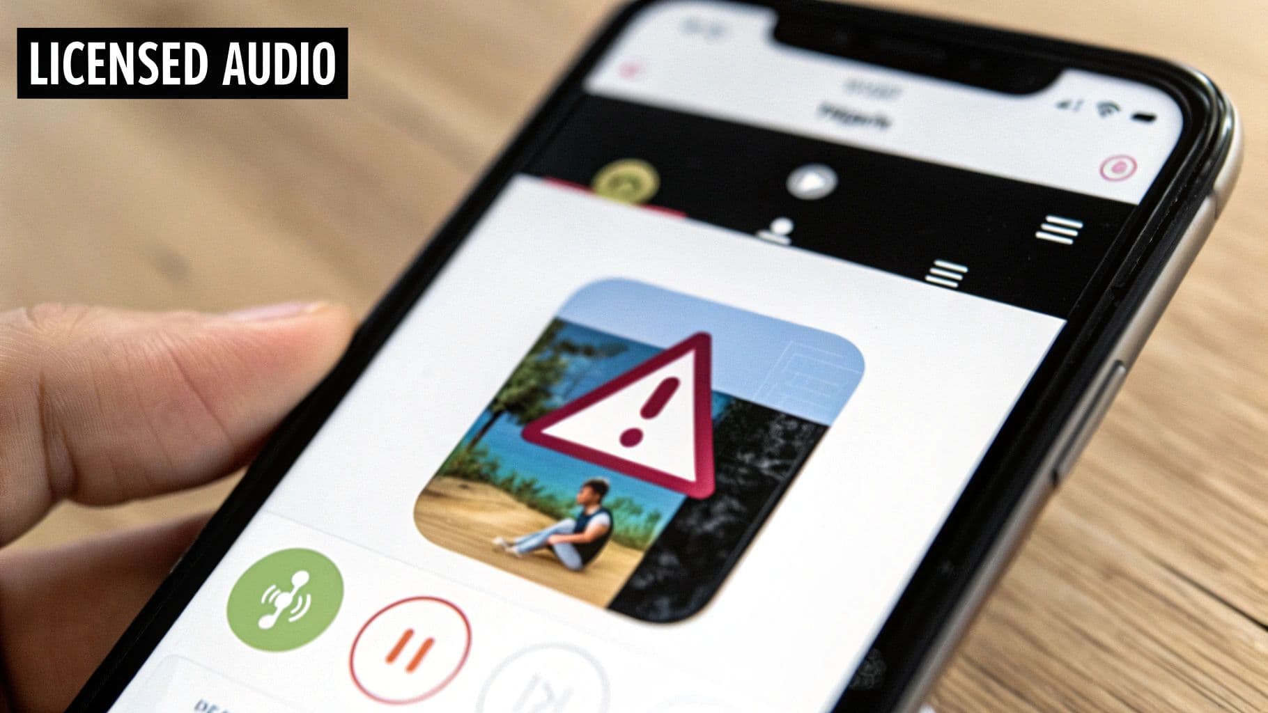 A hand holds a smartphone displaying a mobile app with a warning symbol over an image and audio controls.