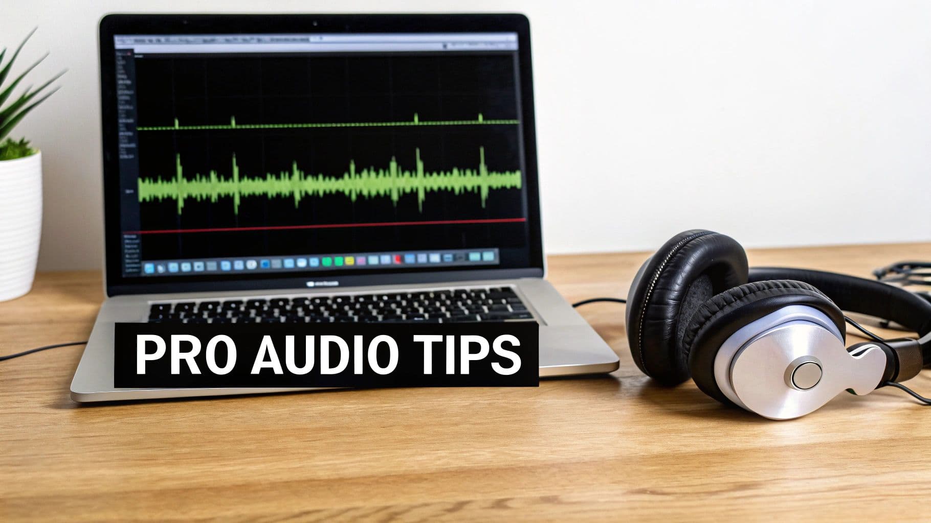 A laptop displaying audio waveforms, with black headphones on a wooden desk, and 'PRO AUDIO TIPS' text.