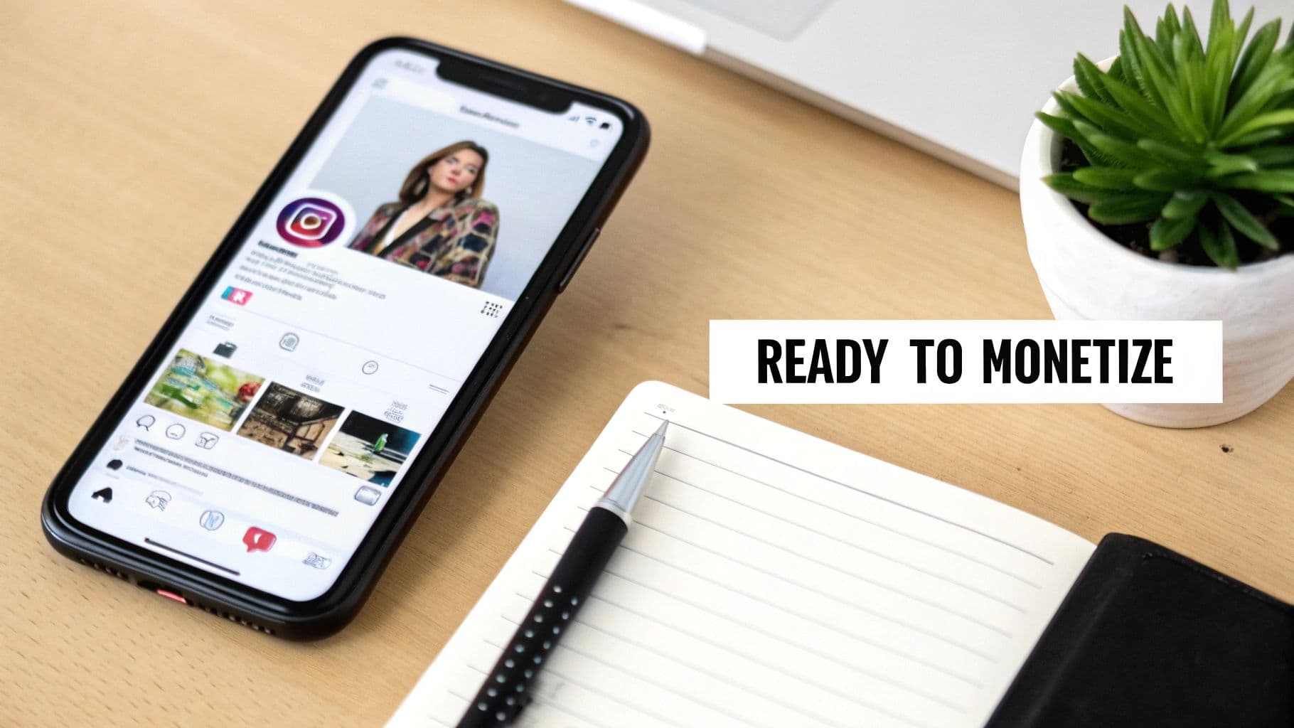 Woman looking at phone analytics