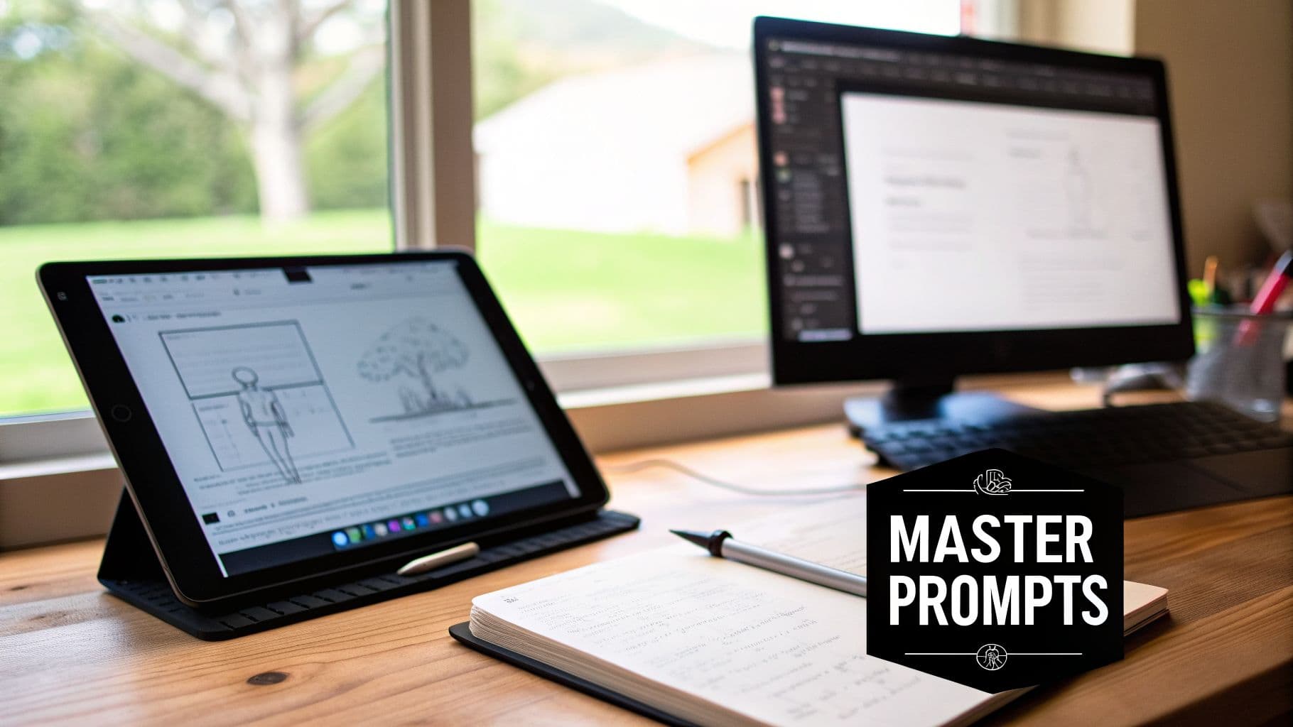 A modern desk with a tablet displaying a sketch, a computer monitor, and a handwritten notebook.