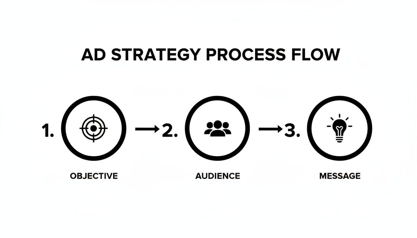 A three-step ad strategy process flow outlining objective, audience, and message creation.