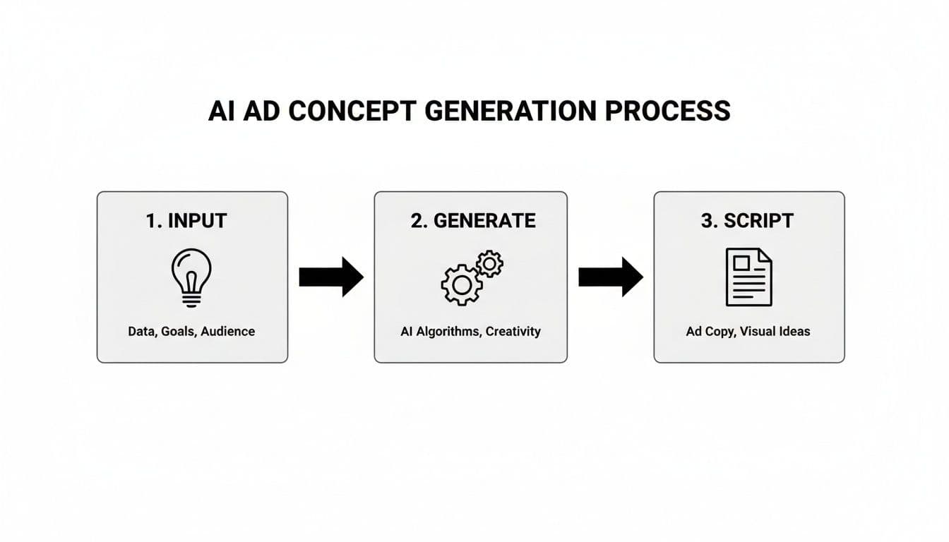 A flowchart illustrating the AI Ad Concept Generation Process with three steps: Input, Generate, and Script.