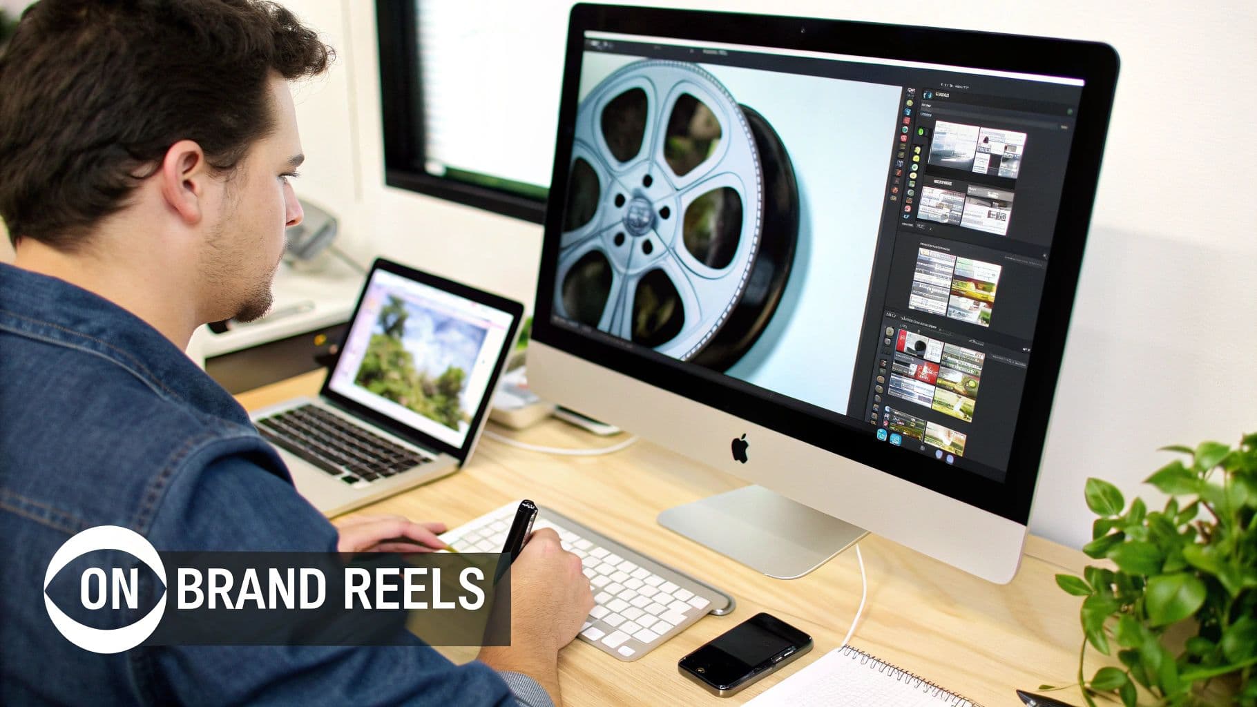 Man editing video content on a desktop computer and laptop, with a film reel graphic displayed.