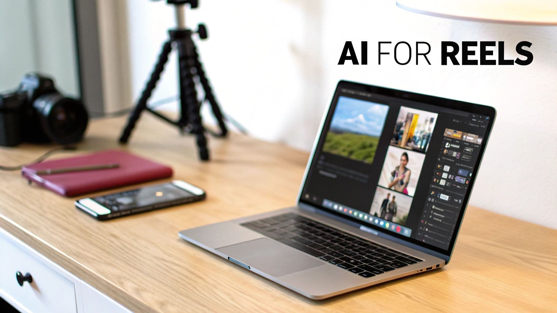 A laptop showing an image editor with text "AI FOR REELS" on a wooden desk with a camera and phone.