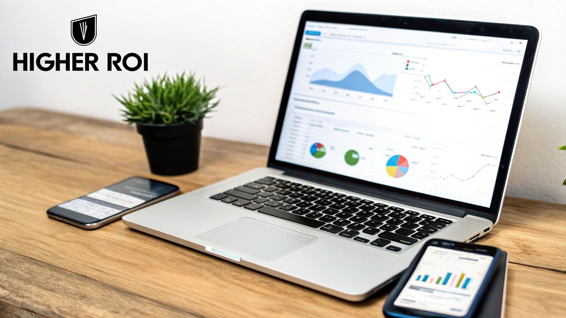 A laptop displaying data analytics dashboards with charts and graphs, flanked by two smartphones and a plant on a wooden desk, with a 'HIGHER ROI' logo.
