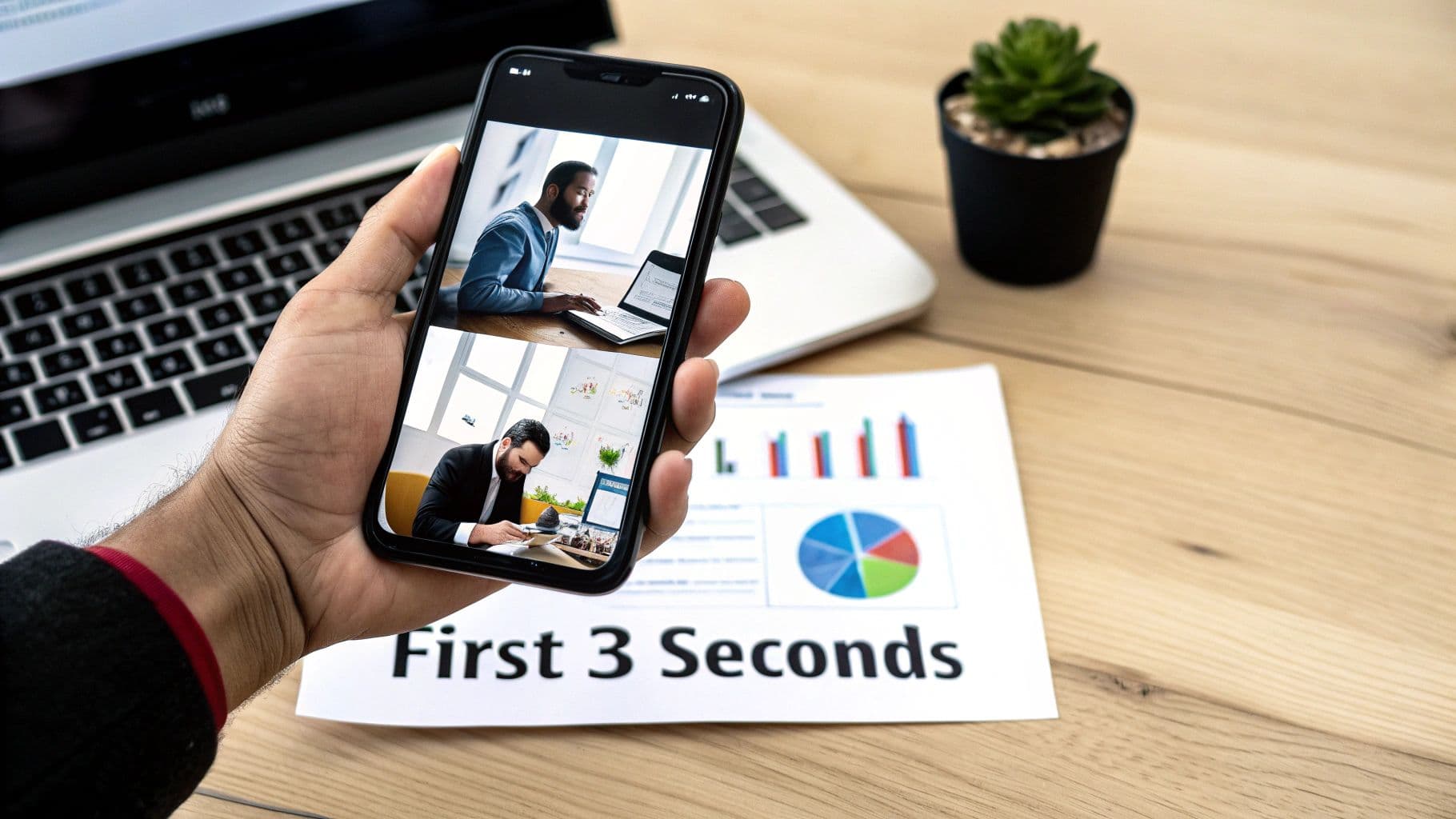 Hand holds smartphone showing two professionals working, with laptop, charts, and 'First 3 Seconds' text.