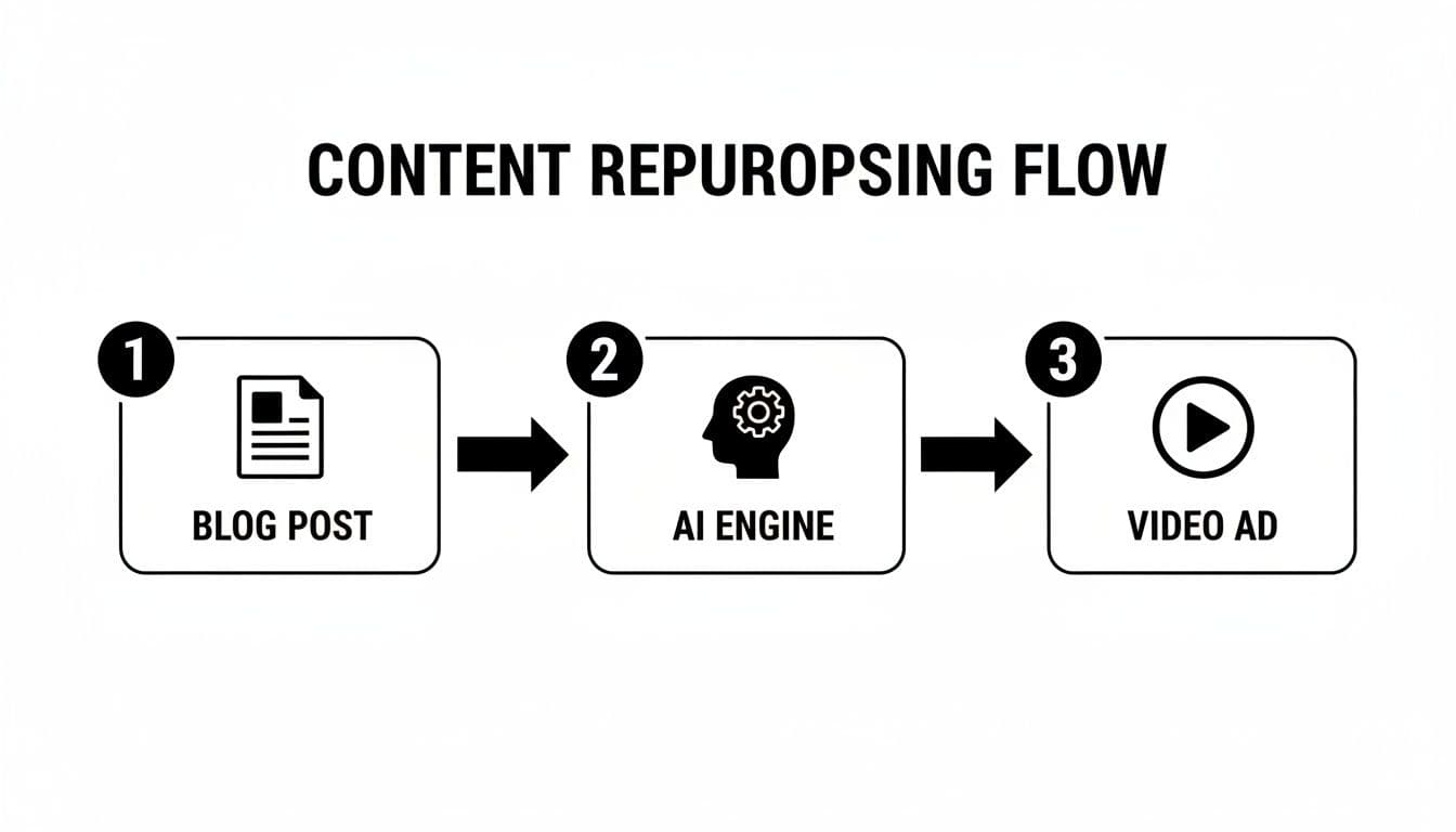 Flowchart showing how AI can repurpose a blog post into a video advertisement.