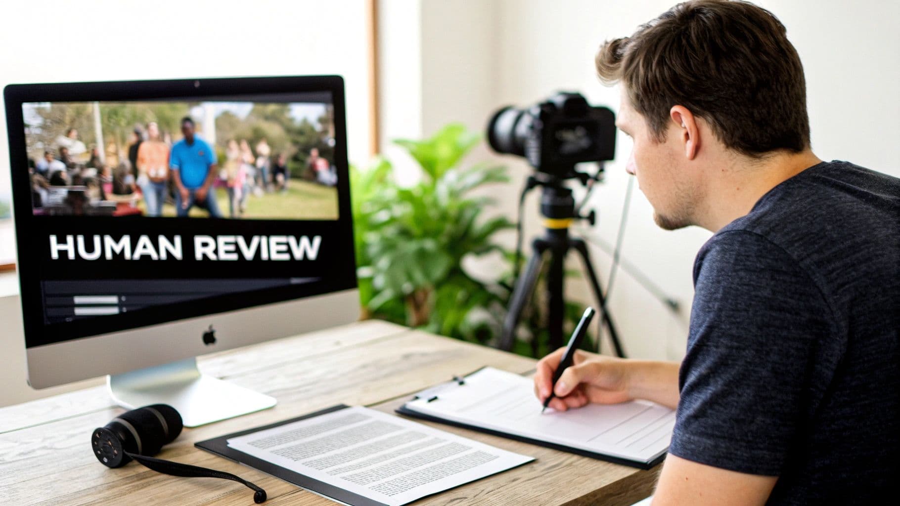 A man reviews video content on a computer screen displaying "HUMAN REVIEW" while taking notes.