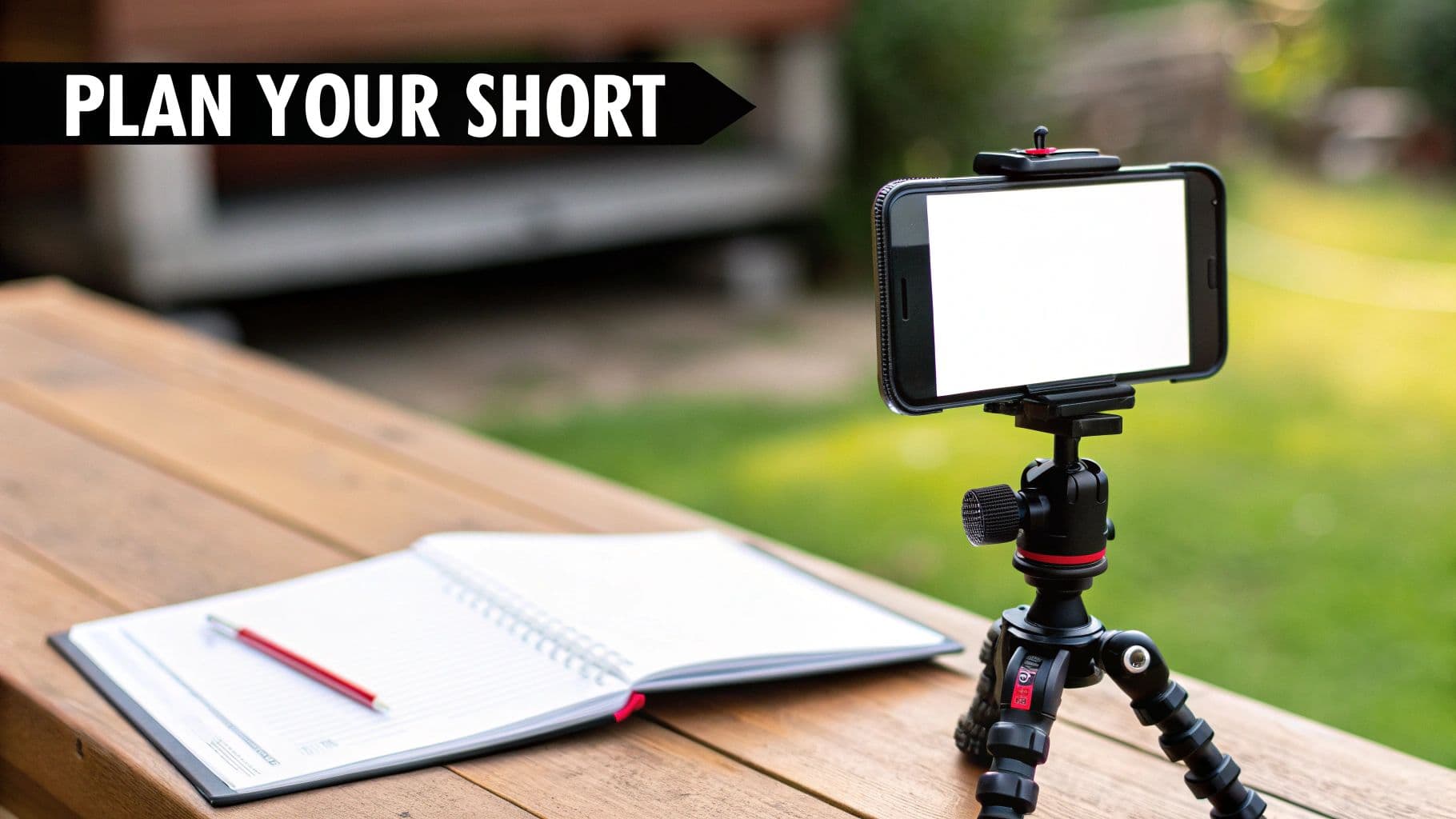 A person brainstorming ideas for a YouTube Short with a notepad and pen.