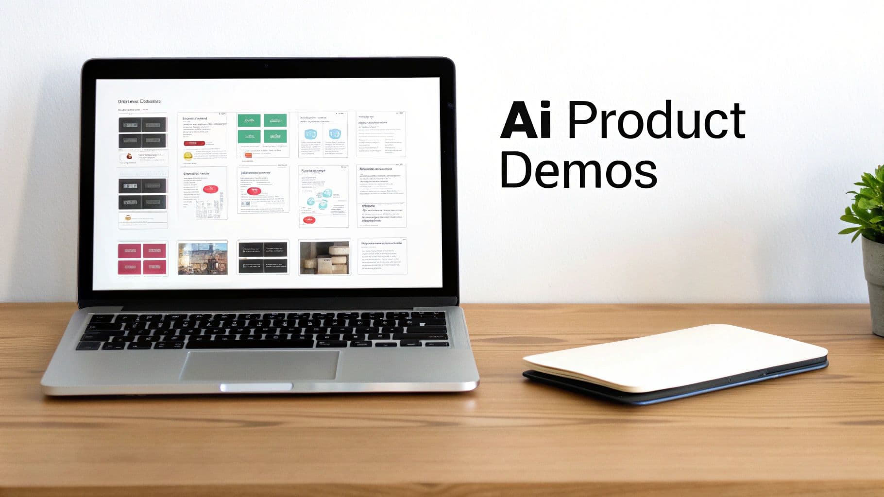 A laptop displaying product demos on a desk with "AI Product Demos" on the wall, a notebook, and a plant.